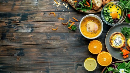 Overhead shot of brunch menu on wooden table with copy space. Healthy sunday