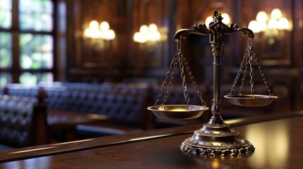 A detailed image showcasing elegant brass scales of justice prominently displayed on a polished wooden desk in a classic, ornate courtroom setting with warm lighting.