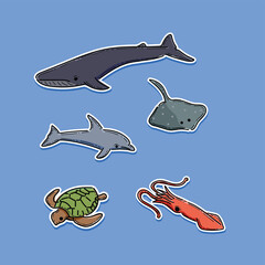 Hand drawn sea life elements for printing, poster, card, clothes. Sea animal pack illustration vector design sticker isolated in a blue background, underwater animals stickers pack
