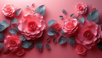 A modern 3D floral design featuring abstract roses in Pastel Red monochrome, bordered neatly with generous copy space for text