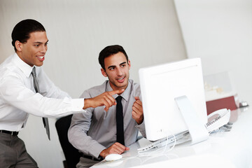 Business people, employee and mentor with computer in office, research and discussion for data...