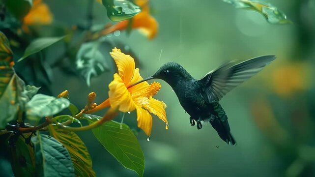 Purple hummingbird Apodiformes hovers in mid-air with its wings spread wide, feeding on nectar of bright yellow flower. Raindrops fall from green foliage, adding a sense of serenity to scene.