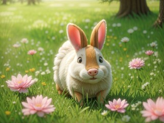 Obraz premium Rabbits are small mammals. It has fluffy fur all over its body, a short round tail, and long ears compared to other animals. which evolved to be used for listening to sound very well