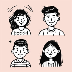 Cute avatar set of four people with thick black line art on a pastel pink background.
