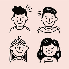 Cute avatar set of four people with thick black line art on a pastel pink background.
