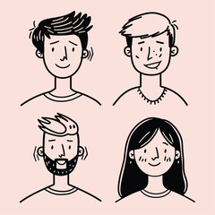 Cute avatar set of four people with thick black line art on a pastel pink background.
