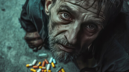 Obraz premium Homeless Person with Pills and Syringes in Drug Den