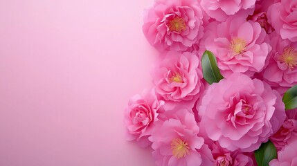 Fototapeta premium Pink flowers with green leaves in a bouquet. The flowers are arranged in a way that they are overlapping each other. Scene is one of beauty and elegance