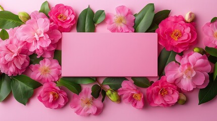 Pink flowers with a pink sign in the middle. The sign is blank and the flowers are arranged around it. Concept of beauty and simplicity, with the pink flowers and sign creating a harmonious