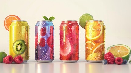 Collection of four different flavored beverage cans on a shelf