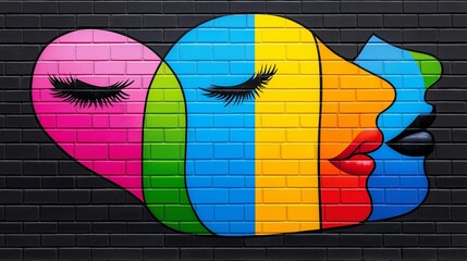 A colorful mural of two faces with a pink heart in the middle. The mural is on a brick wall