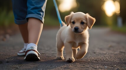 little puppy strolling with a guy