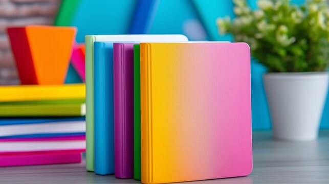A stack of colorful notebooks with a green one in the middle. The books are arranged in a rainbow pattern