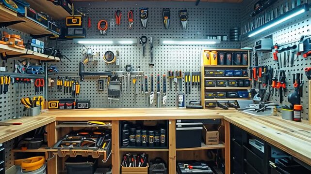 A clean, well-lit modern tool room with well-arranged tools on pegboards effective work area. 
