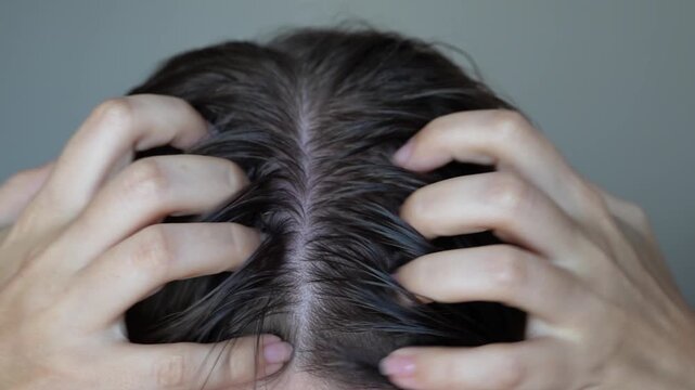 Young woman with dirty greasy hair on a grey background. A girl itching the skin from long non-washes of the head. Close up. Girl applying cosmetic oil rubbing it into a scalp with her hands