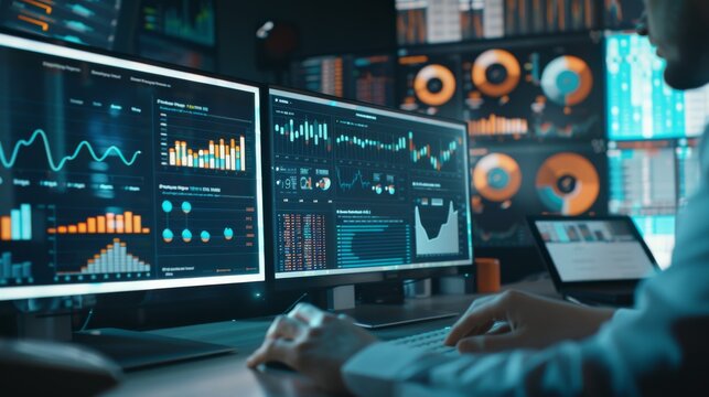 A dynamic multi-screen setup displays various data analytics and graphs in a high-tech environment, highlighting advanced digital work.