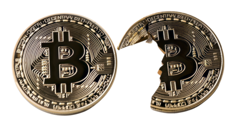 Two bitcoin coins broken in half, against a empty background.