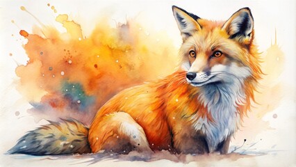 Fototapeta premium Watercolor Fox in a Splashy Sunset A Vivid Portrait of a Wild Animal - watercolor painting, red fox, sunset, nature, wildlife, art