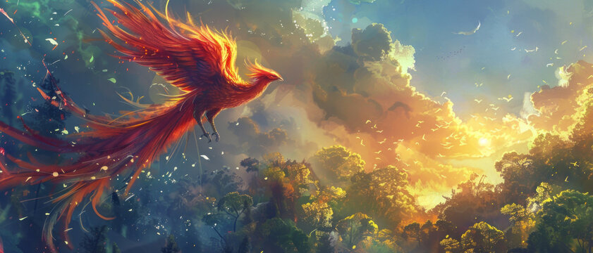 A phoenix with shimmering red and orange feathers soars gracefully in the sky above an enchanted forest in a digital art style wallpaper.