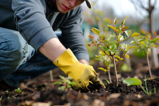 Volunteers planting trees in a deforested area. Concept of reforestation and sustainability. AI generated