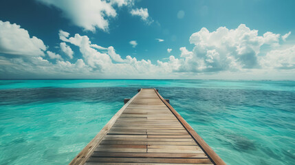 Fototapeta premium A wooden bridge leading to the sea, clear sky, and turquoise water, a beautiful seascape with an old wooden pier on a tropical beach, summer vacation background.
