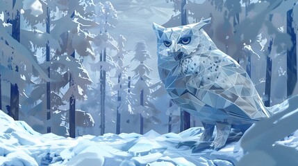 Geometric Polygonal Ice Owl Perched in Snowy Forest Landscape