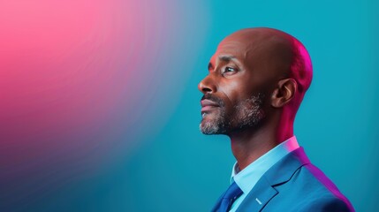 An entrepreneur with a visionary gaze, standing confidently against a backdrop that symbolizes innovation and leadership. The image captures the essence of pioneering spirit and forward-thinking.