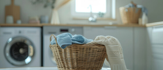 A laundry basket with inside, placed on a table in front of a washing machine, within a blurred white kitchen interior background, focusing on the basket and fabrics.