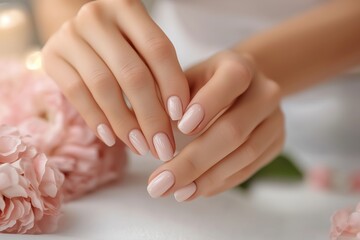 Fototapeta premium Elegant manicured hands showcasing soft pink nail polish surrounded by delicate flowers in a tranquil indoor setting