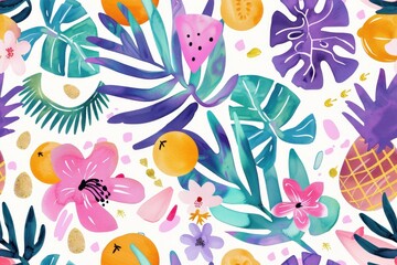 Tropical Watercolor Illustration with Leaves, Flowers, and Fruits