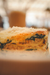 Lasagna in a restaurant, close-up of the dish