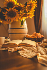 Cozy interior with a vase of sunflowers, an open book, a cup with 'Blessed,' a straw hat, and a basket of apricots on a wooden table. Warm light from the window adds a soft and inviting tone