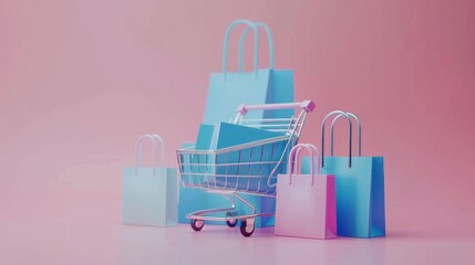 A pastel-themed scene featuring a small shopping cart filled with turquoise boxes, surrounded by blue and pink shopping bags against a pink background.