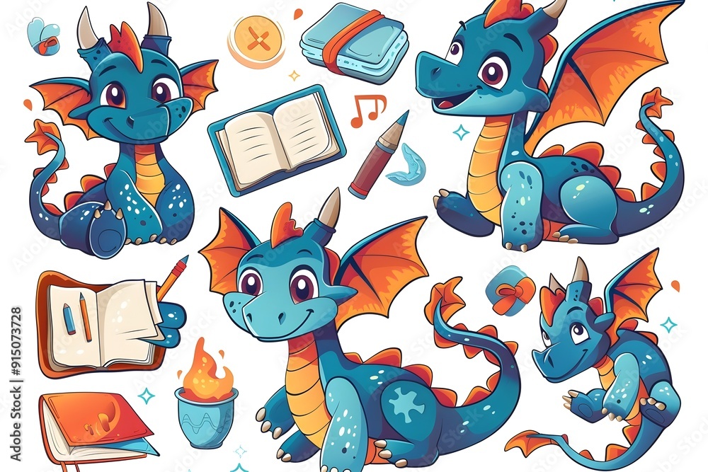 Wall mural cute dragons with school supplies on white background for sticker or shirt design