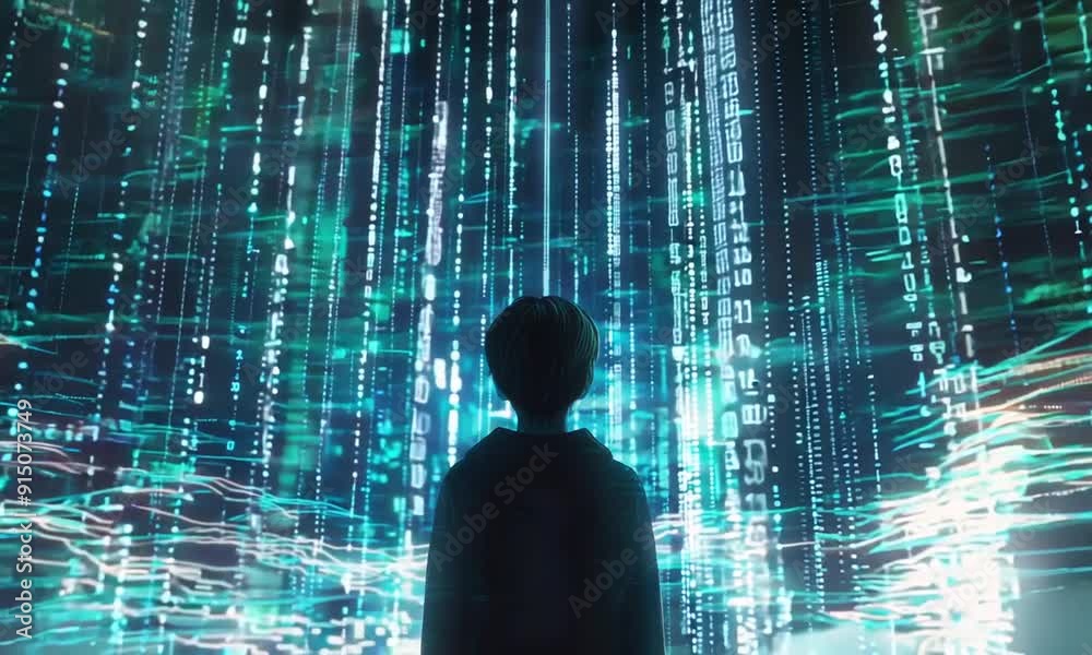 Poster boy on binary code background in digital world