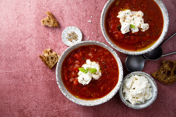 Refreshing strawberry gazpacho with cheese