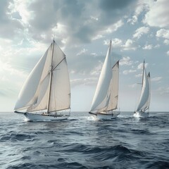 Fototapeta premium Three sailing yachts glide across the serene sea under a cloudy sky during the day
