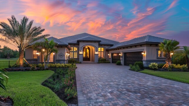 A beautiful modern luxury house with a brick driveway, illuminated palm trees, and a vibrant sunset sky, creating a picturesque and serene suburban ambiance.