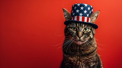 Stylish Patriotic Cat with American Stars Hat on Minimalist Red Background