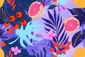 Vibrant Tropical Illustration with Grapefruits, Tomatoes, and Flowers on Purple Background