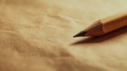 A sharpened pencil rests on a textured, warm-toned paper, symbolizing creativity and the initiation of ideas.