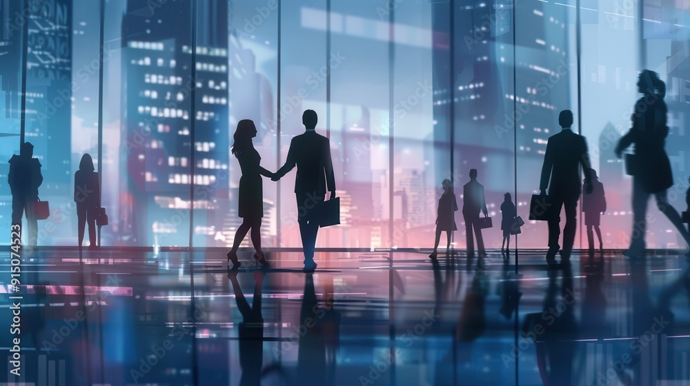 Aufkleber two business professionals shake hands in front of a modern office building as twilight casts an enc
