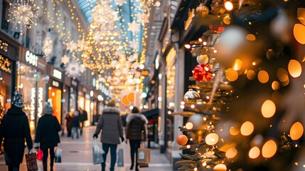 Obraz premium Vibrant Holiday Retail Scene with Festive Lights and Crowd in City Street