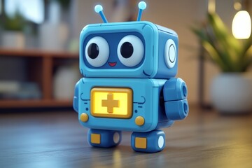 Fototapeta premium Cute Blue Robot Character Standing Amongst Gears Illustrating Playful Aspects of Robotics.