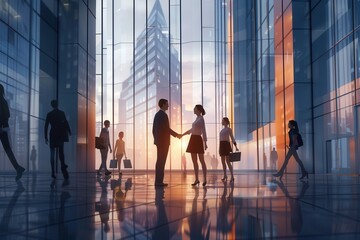 Two business people shake hands in front of a sleek office building, illuminated by the warm glow of a sunset. Generative AI