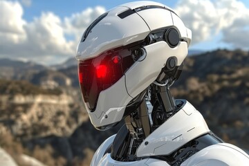 Fototapeta premium Futuristic Helmeted Robot Overlooking a Vast Landscape Symbolizing Exploration and the Expansion of Robotics into New Frontiers.