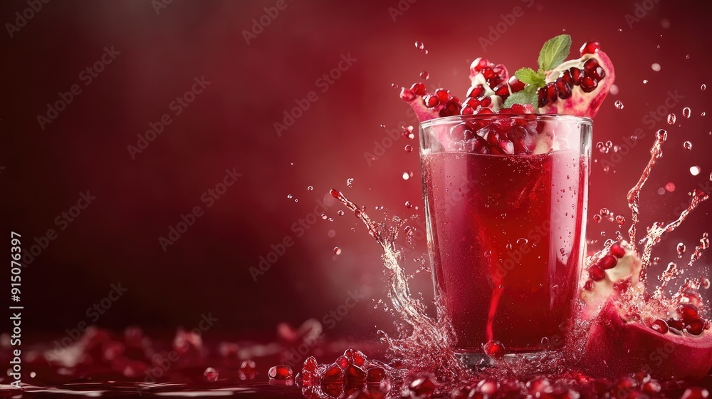 Canvas Prints Glass of fresh pomegranate juice, with dynamic splashes and space for advertising, perfect for healthy drink promotions.