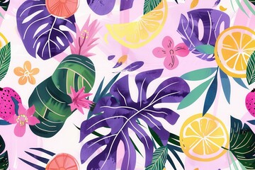 Naklejka premium Tropical Illustration with Purple Leaves and Bright Fruits