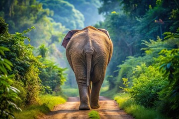 Fototapeta premium wild elephant walk in jungle back view from behind