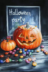 Festive Autumn Halloween Party: Watercolor Pumpkin with Candy on Dark Wood Table, Chalkboard Sign "Halloween Party", Warm Light Scene – Perfect for Seasonal Celebrations and Fall Festivity Themes